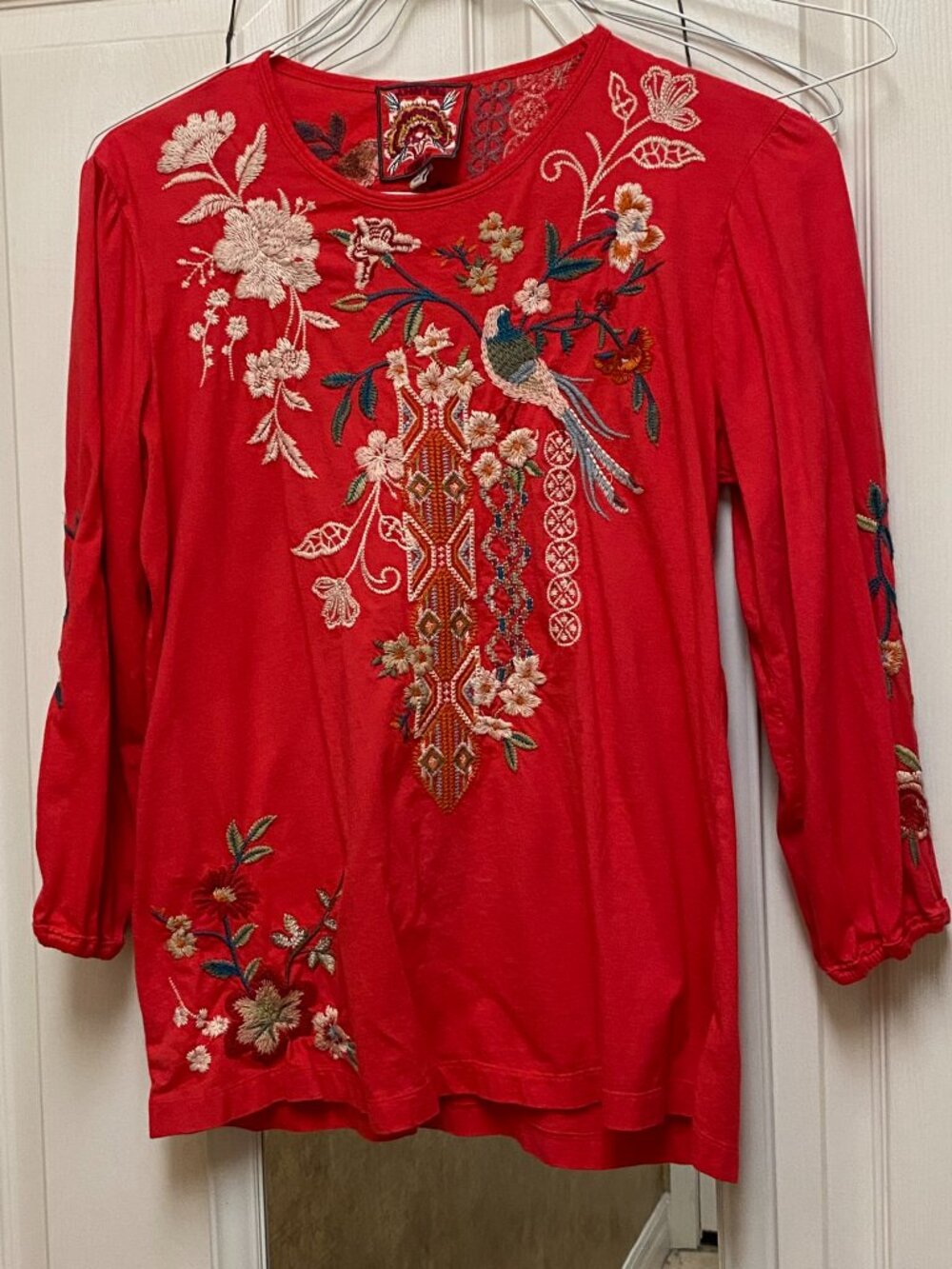 JOHNNY WAS Ellia Puff Sleeve Cotton Embroidered 3/4 sleeve Tee Size M
